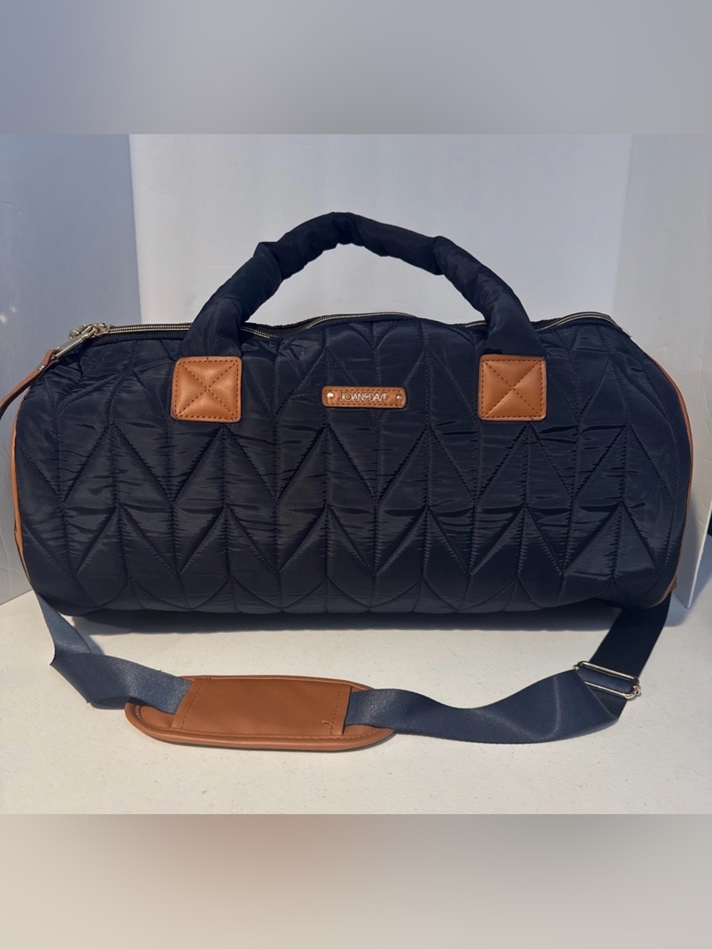 Joan & David Quilted Navy Duffel with Tan Leather Trim